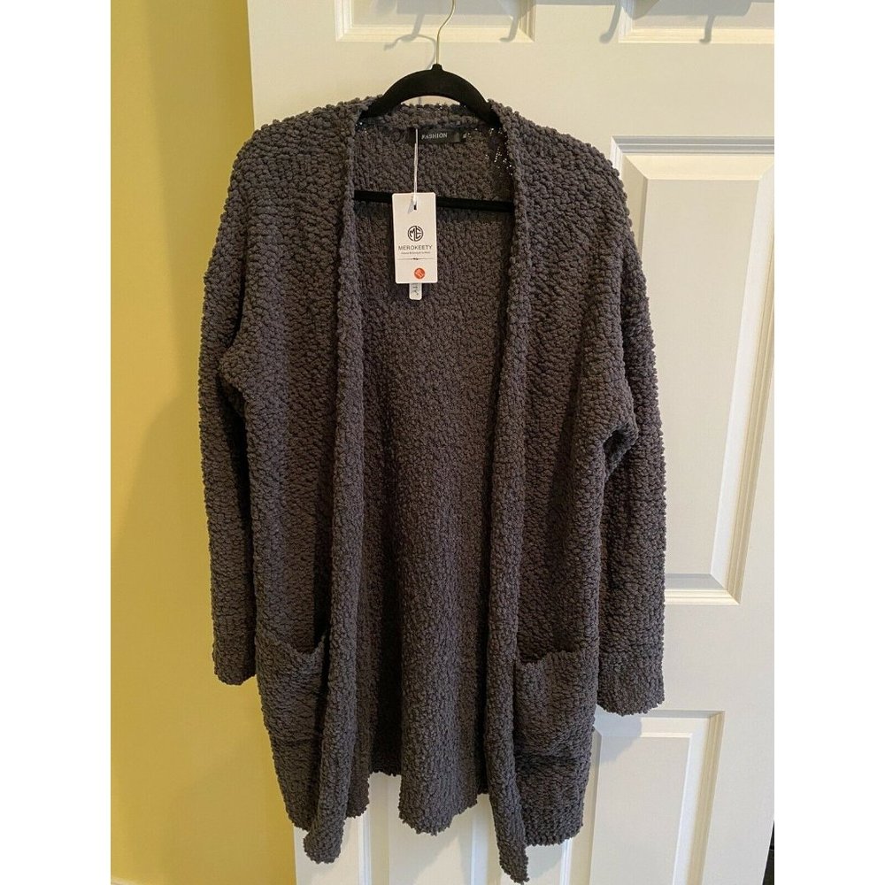 Cardigan Sweater Jacket With Pockets Gray Cozy Long Popcorn Grey Size XL NWT.